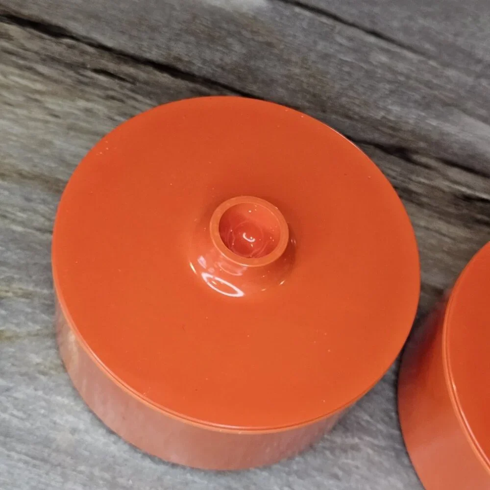 MCM 2 HELLER Bowls Finger Lid Vibrant Orange Massimo Vignelli Melamine 1 Cracked